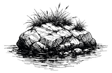 Hand drawn line art illustration of a rock depicting grass and water ripples for nature themes