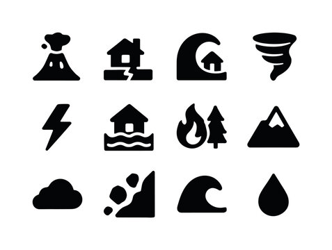 Natural Disaster Icons. Natural Disasters. Solid icon set of natural disasters: volcano, earthquake, tsunami, tornado, lightning, flood, wildfire, mountain,