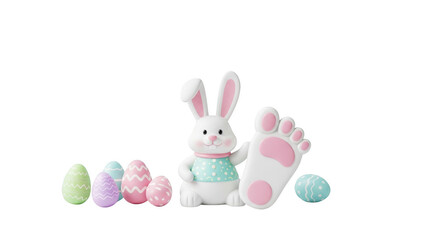 Png isolated transparent background White Easter bunny with large foot and patterned eggs on black background