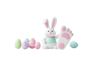 Png isolated transparent background White Easter bunny with large foot and patterned eggs on black background