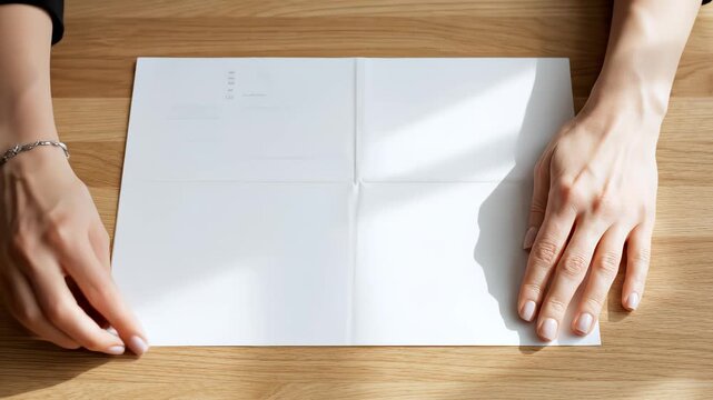 Hands folding a white paper on wooden table