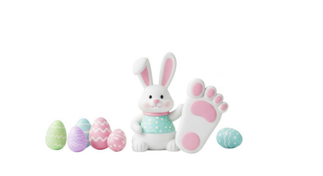 Png isolated transparent background White Easter bunny with large foot and patterned eggs on black background - Powered by Adobe