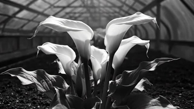 Elegant White Calla Lilies Blooming Inside a Greenhouse in Black and White