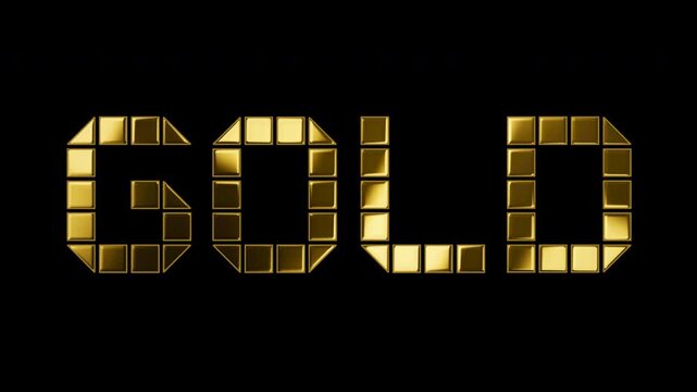 Text: GOLD in Shiny Bold Golden Block Pattern Letters Light Effect Animation on Black and Green Screen Chroma Key Background - 4K Horizontal Video 2x 10 seconds