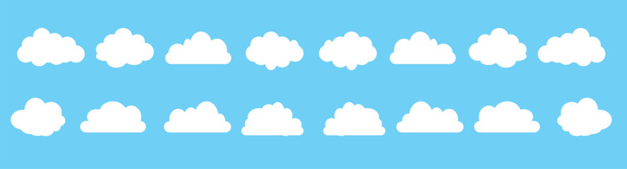 Cartoon white clouds icon set isolated on blue background. Cloudscape in flat style. Blue sky cloud weather symbol. Vector illustration cloudy panorama