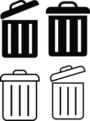 Set Delete icon, garbage, Collection trash can, rubbish basket, Group Recycle bin, waste container simple flat button