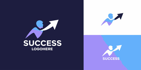 A person riding an arrow pointing upwards with the word success and placeholder text