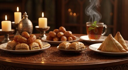 Naklejka premium A warmly lit table with a variety of sweet and savory pastries, a steaming cup of tea, and lit candles in the background