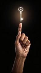A glowing key appears above a finger against a dark background