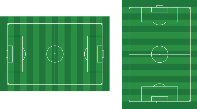 Soccer field. Sport Football pitch. Football empty Stadium with green grass. Football ground. Green texture with stripes and white lines. Corner, penalty and center. Football match. Playground Vector