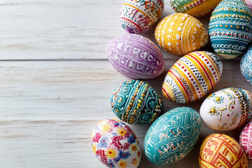 traditional painted colorful easter eggs over vintage blue  wooden floor on easter celebration.