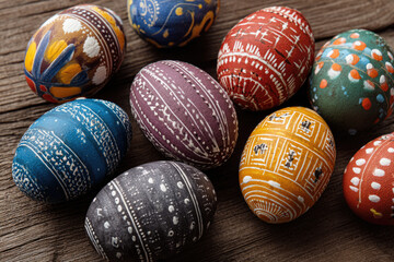 traditional painted bohemian style easter eggs over retro wooden floor on easter celebration.	
