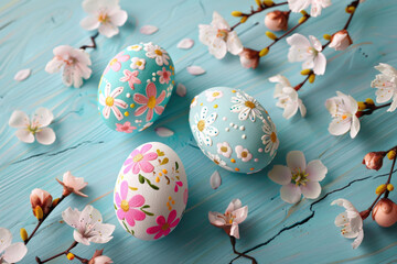 traditional painted colorful easter eggs over vintage blue  wooden floor on easter celebration.