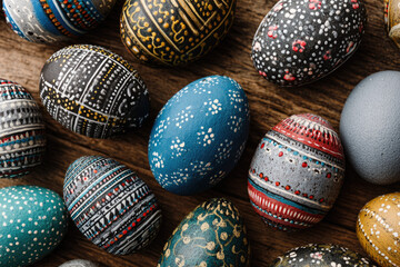 traditional painted bohemian style easter eggs over retro wooden floor on easter celebration.	
