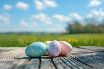 traditional decoration of colorful painted easter eggs on wooden background in spring.