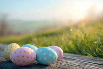 traditional decoration of colorful painted easter eggs on wooden background in spring.