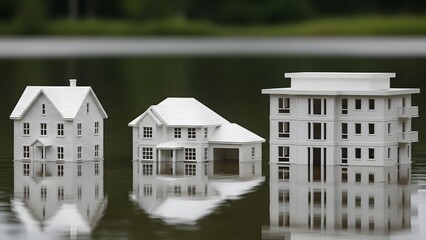 Three white architectural models of houses and apartment building submerged in dark water with reflections