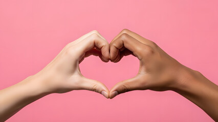 Diverse hands making heart shape against pink backdrop | Symbol of interracial love and diversity | Unity and acceptance concept with hands forming heart gesture