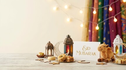 Eid celebration festivities home setup still life colorful background cozy atmosphere cultural significance