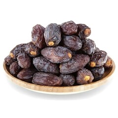Illustration of a pile of fresh dates on a wooden plate isolated on white background