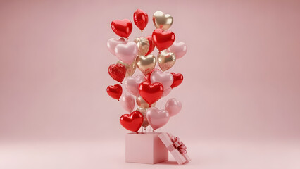 Heart balloons flying out of pink gift box 3D render | Valentine's Day surprise gift with foil heart balloons | Romantic anniversary celebration background with copy space 