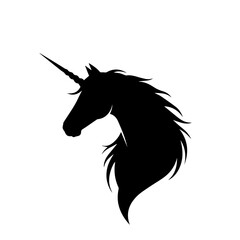 Black silhouette of a majestic unicorn head with a flowing mane and a single horn, depicted in profile against a white background. © Maulana