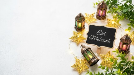 Eid mubarak celebration with lanterns and decorative stars festive atmosphere home decor traditional celebration captivating viewpoint cultural significance