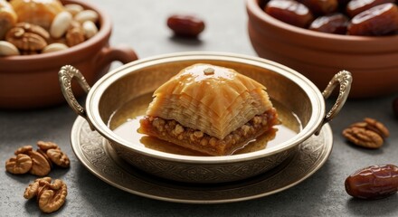 Delicious pastry dessert with nuts served in metallic bowl on saucer