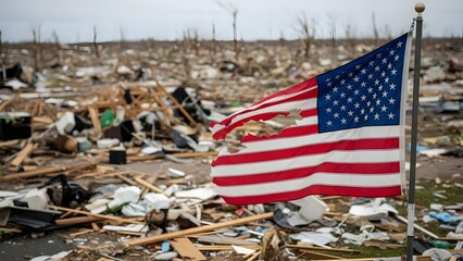 Torn American flag waves over debris field after natural disaster torn flag tattered flag on pole
