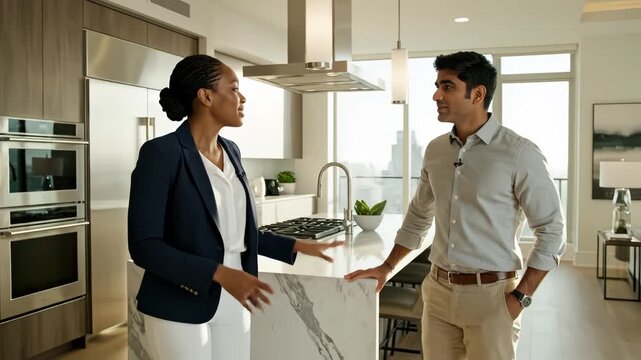 Man and woman touring modern apartment
