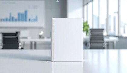 book with blank cover on blurred background with charts, graphs, and business reports, modern corporate workspace