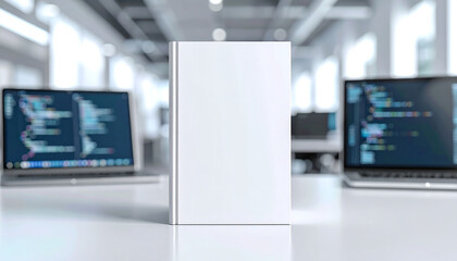 book with blank cover on blurred background showing laptop with programming code  