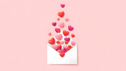 3D vibrant hearts bursting out of a white envelope illustration | Romantic Valentine's Day card background on pink pastel paper | Sweet love message concept graphic design element