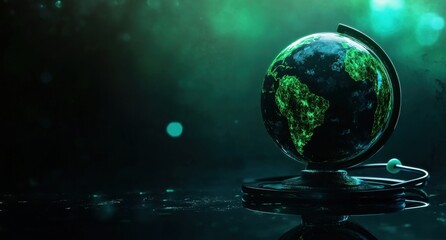Futuristic Digital Green Earth Globe with Illuminated Continents on Reflective Dark Surface
