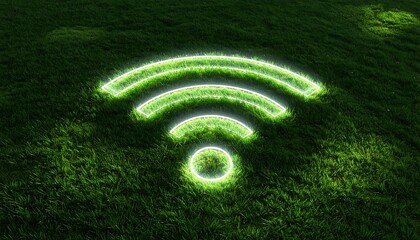 Green glowing WiFi symbol on a mossy background.