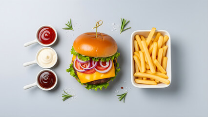 Top view flat lay of cheeseburger with fries and dipping sauces on a light background. Minimal clean style perfect for social media, banners, menus, websites and digital food promotions.