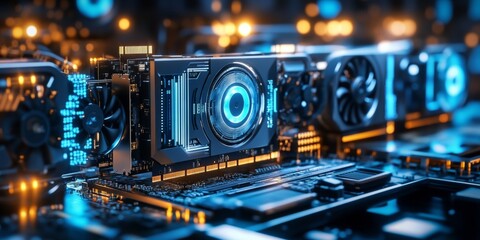 A computer motherboard with a blue and orange design. The blue part is the CPU