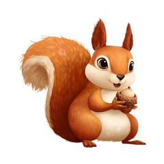 Cheerful cartoon squirrel holding an acorn against a plain white background.
