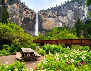 Waterfall cascading down a cliff face, surrounded by a vibrant garden and a wooden bridge