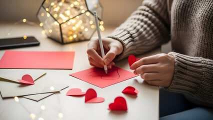 Woman drawing a heart on red paper for Valentine's Day card | Cozy close-up of handmade romantic greeting card creation | DIY love letter crafting with fairy lights ambiance 