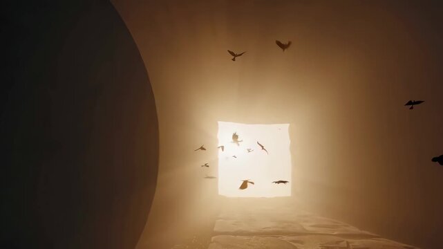 The empty tomb at dawn with the stone rolled away, bathed in gentle golden light symbolizing hope.