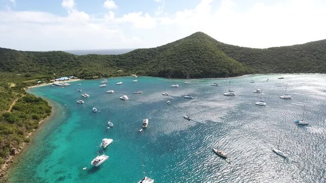 Scenic view of yachts moored at bay in Tortola, aerial view