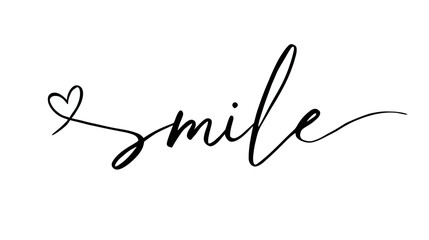 Beautiful Calligraphy 'Smile' Word in Elegant Hand Lettered Script with Heart Symbol, Inspirational Typography Design
