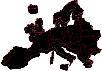 Black Map of Europe with Red Country Borders Silhouette