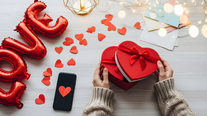 Woman opening heart-shaped gift box for Valentine's Day surprise | Romantic overhead flat lay of love celebration preparation | Cozy anniversary gifting setup with red hearts and balloons 