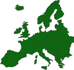 Green Filled Map of Europe with Country Borders