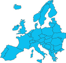 Cyan Filled Map of Europe with Country Borders