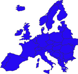Blue Filled Map of Europe with Country Borders