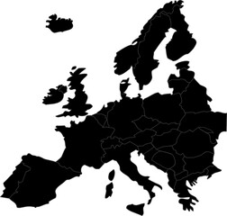 Black Silhouette Map of Europe with Country Borders