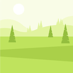 Serene Green Pine Forest Landscape with Sun Illustration